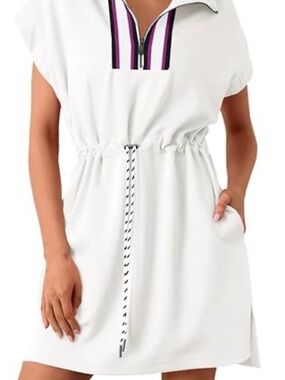 White Drawstring Polo Dress with Contrast Trim